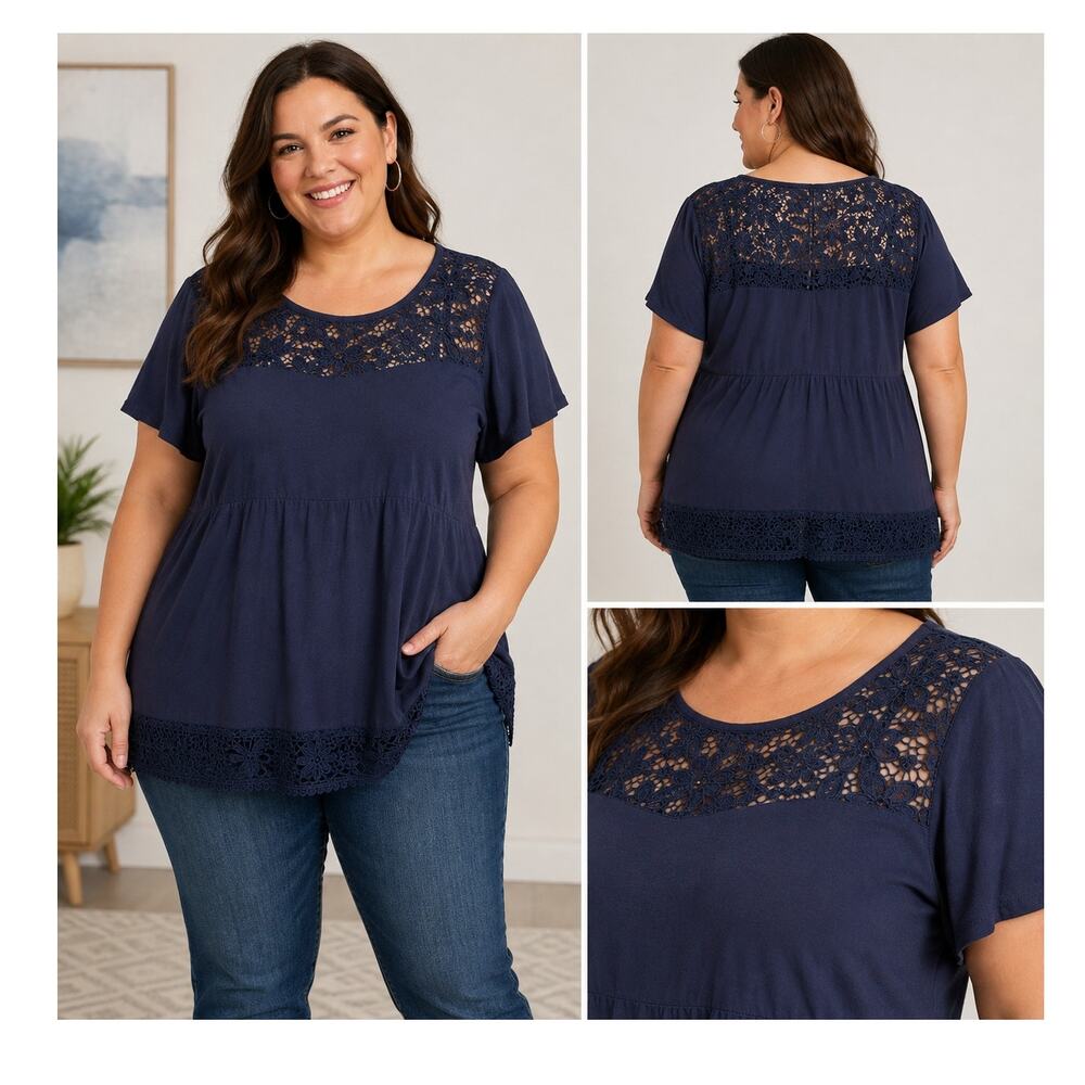 Torrid Lace Trim Babydoll Top Size 3 Navy Blue Flutter Sleeve Cotton Modal